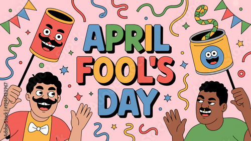 Two men celebrate april fool's day with colorful party decorations and humorous cans on sticks