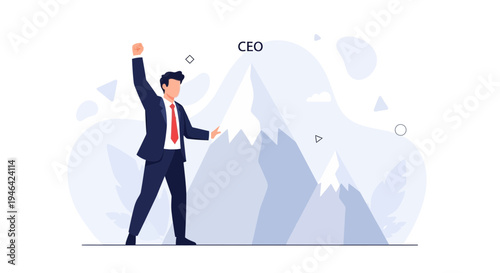 Successful CEO celebrating on mountain peak, symbolizing achievement and business success