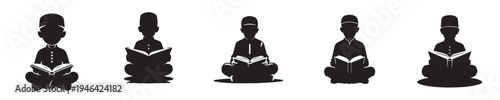 vector silhouette of a little boy sitting reading the Quran front view