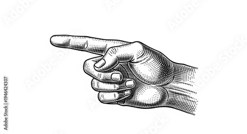 Retro hand-drawn sketch of a pointing hand, engraved style isolated on a white background. 