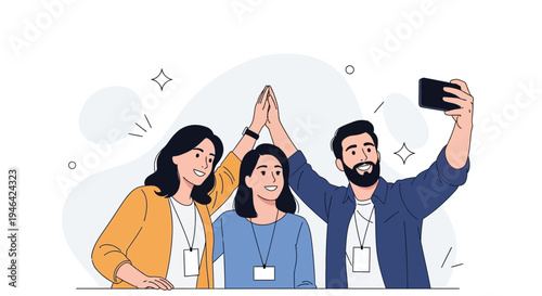 Teamwork success: Three colleagues high-five and take a selfie celebrating achievement