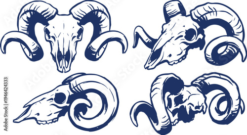 Hand Drawn Ram Skull Set Vector Illustration, Horned Skull Sketch Collection.
