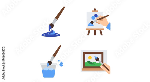 Hands Painting with Blue Paint, Water, and Easel Icons on Isolated White Background