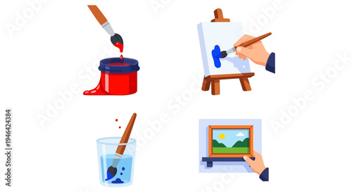 Hands Painting with Red Paint, Water, and Easel Icons on Isolated White Background