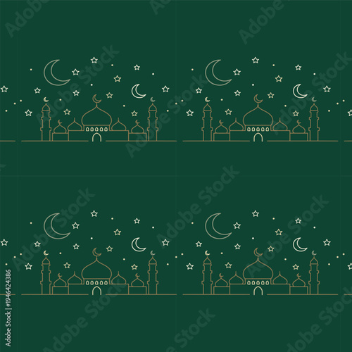 Islamic Mosque Seamless Pattern with Crescent Moon and Stars