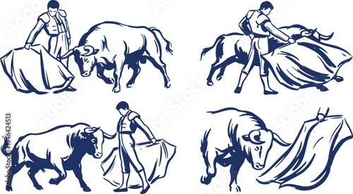Hand Drawn Bullfighter Set Vector Illustration, Spanish Matador and Bullfight Sketch Collection.