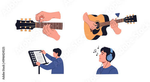 Various music activities, depicting hands playing an acoustic guitar, a person reading sheet music, and a person enjoying music with headphones, on an isolated white background.