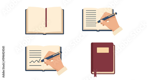 Collection of elements for studying, showing an open book, a hand writing with a pen in a notebook, and a closed hardcover book, on an isolated white background.