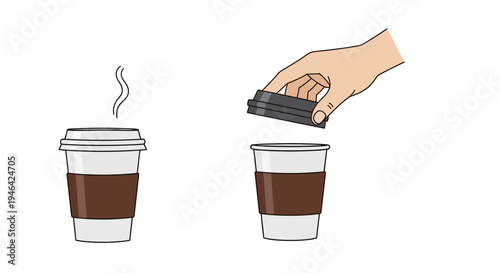 Hand placing a disposable lid on a steaming takeaway coffee cup, ready for drinking, on an isolated white background.