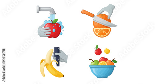 Steps for preparing fresh fruits, including washing an apple, cutting an orange, and arranging bananas and other fruits in a bowl, on an isolated white background.