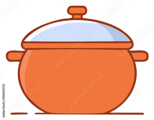 Orange cartoon cooking pot with lid vector illustration. Simple kitchen cookware icon for food concepts.
