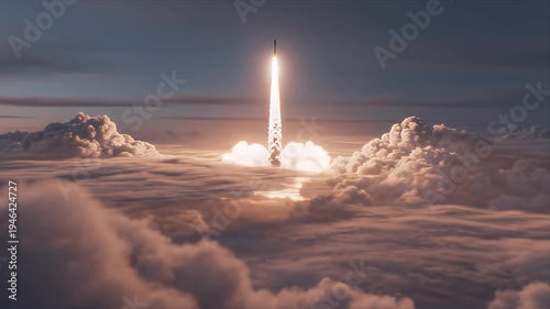 Cinematic CGI of a Rocket Launch Ascending Through Clouds at Dusk with Bright Engine Flare and Reflective Surface Below for Global Awareness and Corporate Themes