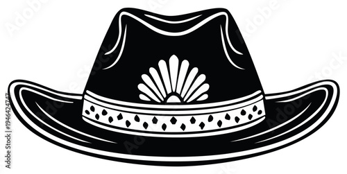 Detailed Vector Illustration of a Western Cowboy Hat with Floral Motif in Black and White