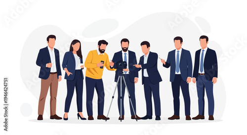 Team of professionals with camera on tripod, business meeting, collaboration, filming, presentation