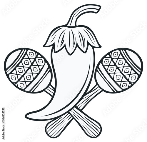 Stylized Chili Pepper and Maracas Crossed Together in Black and White Outline Illustration