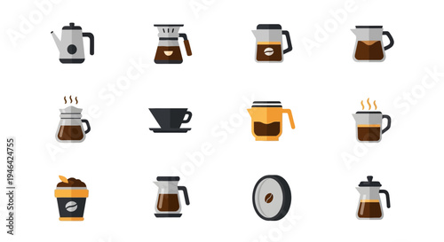 Collection of Coffee Making Equipment and Cups Icons Set on Isolated White Background
