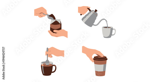 Coffee and Tea Preparation Steps: Adding, Stirring, Pouring, and Holding a Hot Beverage on Isolated White Background