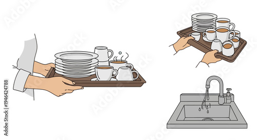 Domestic Kitchen Chores: Hands Carrying Clean Dishes Tray and Running Water in Sink on Isolated White Background