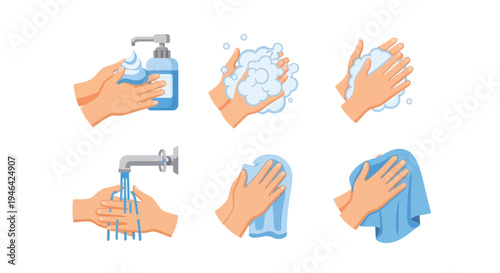 Comprehensive Hand Washing Guide with Soap Dispenser, Foam, Running Water, and Towel for Clean Hands on Isolated White Background