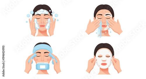 Woman Performing Facial Skin Care Routine with Cleanser and Face Mask on Isolated White Background