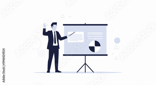 Businessman presenting with a flip chart and pie chart, business presentation concept