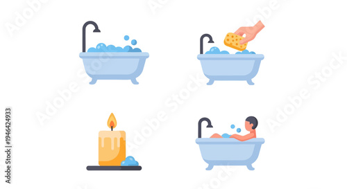Relaxing Bath Ritual with Bubbles, Sponge, Candle, and Person Enjoying Self-Care on Isolated White Background