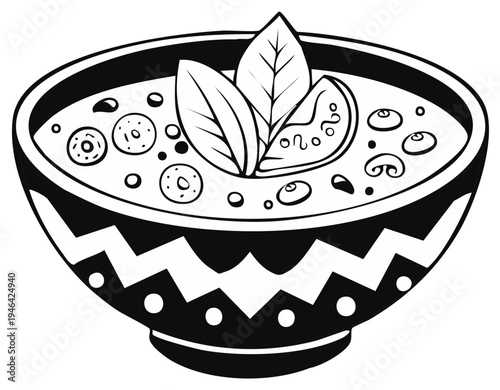 Black and white doodle bowl of soup with basil and tomatoes for coloring or design