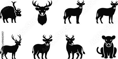 Deer silhouette collection with stag, buck and doe poses isolated on white background, wildlife animal icon set for hunting, forest nature design and vector illustration