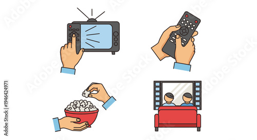 Cozy Home Cinema Experience with TV, Remote, Popcorn, and Sofa for Relaxing Movie Night on Isolated White Background