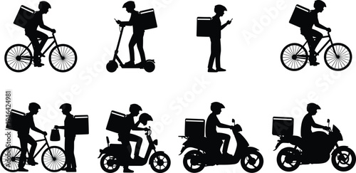 Delivery worker silhouettes using bicycles, scooters, and mobile devices, representing urban logistics, courier services, package transportation, and modern delivery app concepts