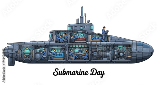 Vector illustration of a submarine with cutaway sections revealing interior components, celebrating Submarine Day with a technical and naval theme.