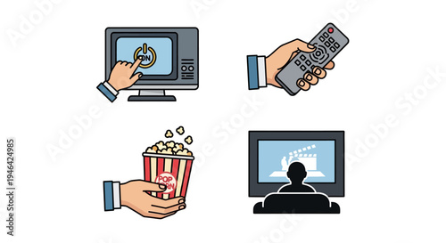 Watching Movie at Home with Television, Remote, and Popcorn for Leisure Time on Isolated White Background