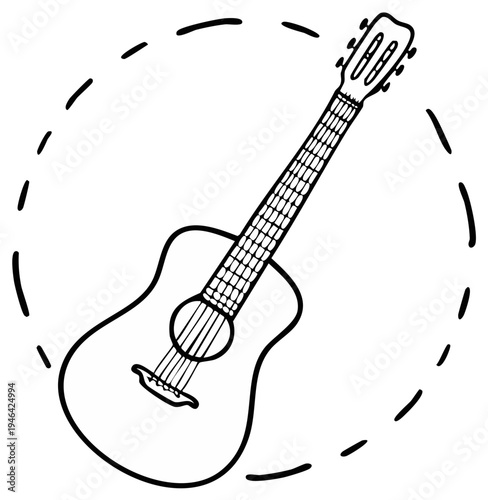 Illustration of acoustic guitar with outline in a dashed circle, music concept