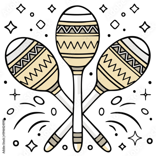 Three festive maracas with zigzag patterns crossed in a celebration of sound and rhythm