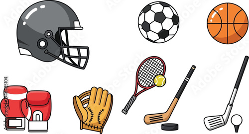 Collection of diverse sports equipment vector illustrations, featuring items for popular games in a modern flat design style.