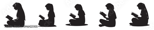 vector silhouette of a woman sitting reading the Quran side view