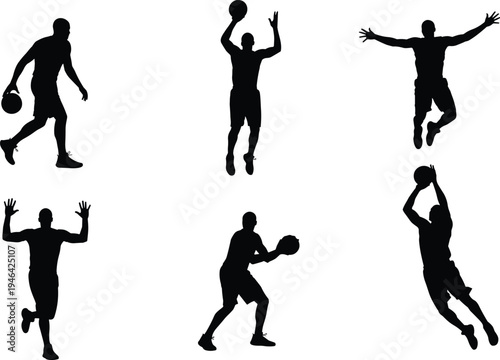 Dynamic black silhouettes of basketball players in action poses including dribbling, shooting, dunking, defending, and jumping 