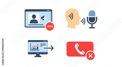 Online communication elements depicting a person joining a video call, a speaking icon with a microphone, and a call declined or ended icon, isolated white background.