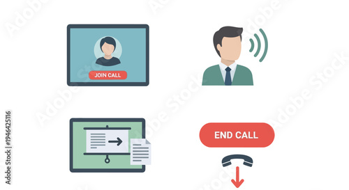 Video conferencing interface elements showing a person joining a call, a speaker icon, document sharing, and an end call button, isolated white background.
