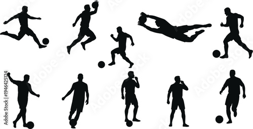 Dynamic silhouettes of soccer players performing actions with ball, including kicking, dribbling, running, diving, and athletic movement, ideal for sports, fitness, and training design projects.