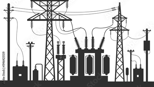 Black and white of electrical power transmission infrastructure with transformers and utility poles