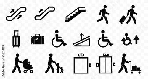 Airport icons set including people walking with luggage and strollers