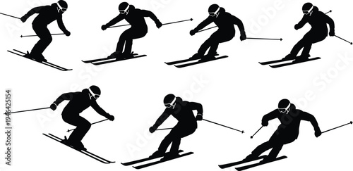 Dynamic skier silhouettes in multiple skiing poses with skis, poles, and helmet, showcasing winter sports motion, athletic technique, and recreational outdoor activity concepts