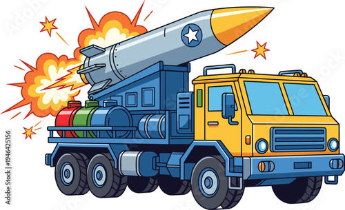 Cartoon military missile launcher truck with rocket explosion, colorful vector illustration of mobile rocket launcher vehicle, defense weapon transport concept isolated background war technology