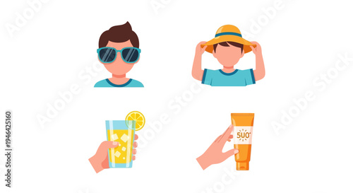 Summer sun protection elements including sunglasses, a straw hat, sunscreen lotion, and refreshing lemonade, isolated white background.