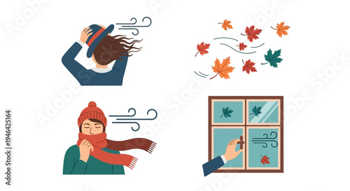 People experiencing windy autumn weather with blowing leaves and a hand closing a window, isolated white background.