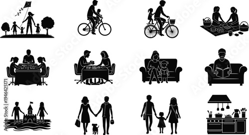 Family lifestyle silhouette collection showing parents and children activities including cycling, picnic, reading, cooking and walking together isolated on white background vector illustration set