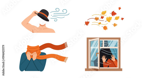 People enduring windy autumn weather with falling leaves and a person looking out a window, isolated white background.