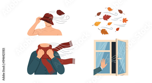 Set of autumn icons depicting a person's hat and scarf blowing in the wind, falling autumn leaves, and a hand closing a window, representing cold and windy weather.