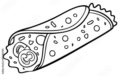 Hand-drawn outline illustration of a filled burrito, a popular wrap with fresh ingredients inside.